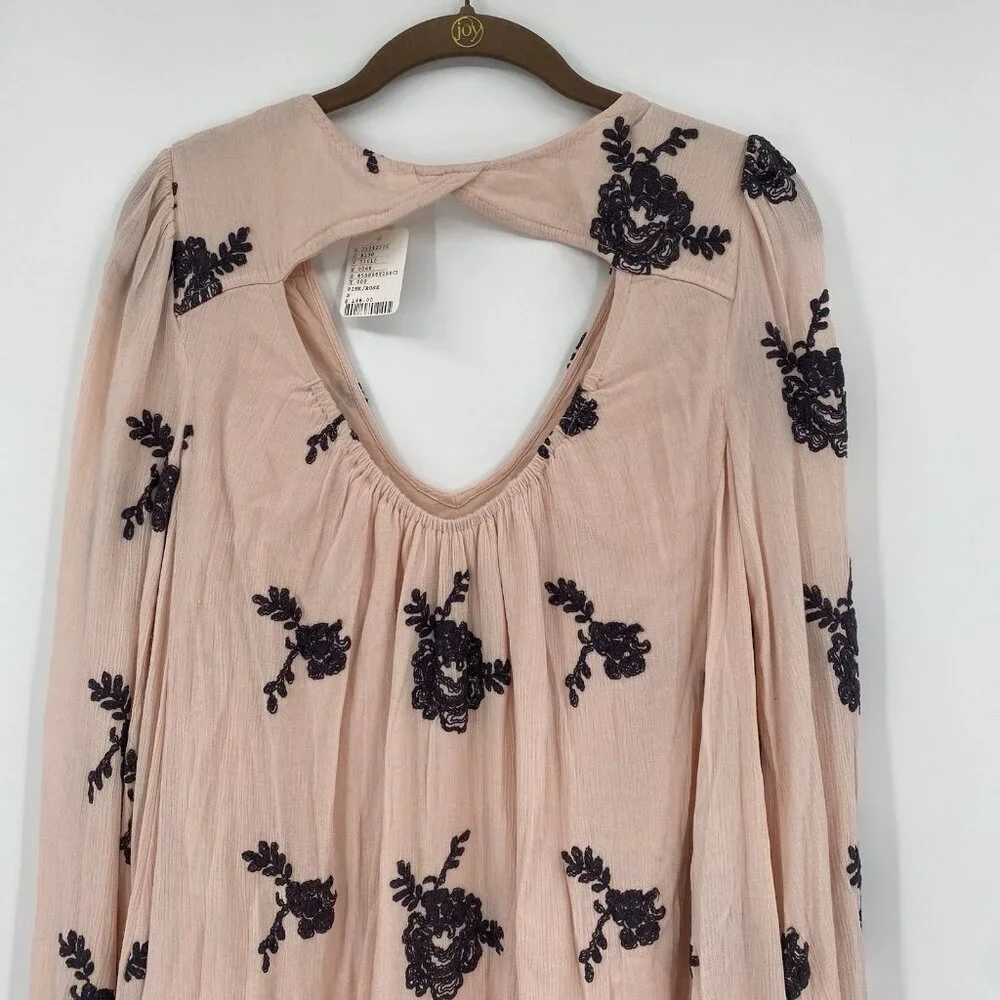 FREE PEOPLE Size Small Pink Emma Floral Embroidered Boho Mini Swing Dress NWT